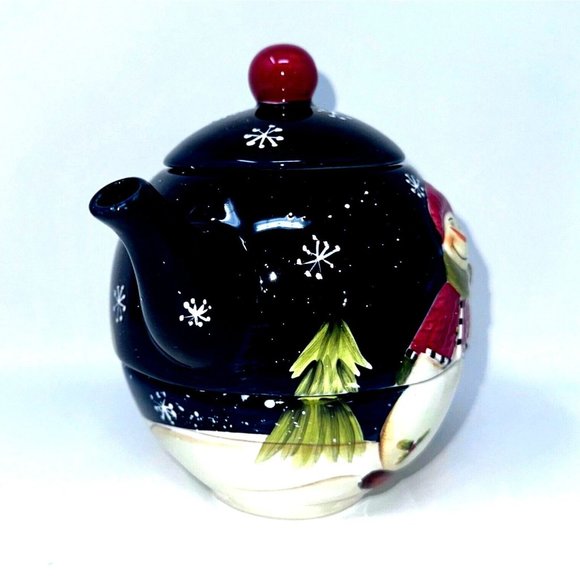 Wongs Ceramic Teapot For One Navy Snowman Snowflakes Pine Trees 3 Pc 20 oz 2006 - Picture 2 of 14